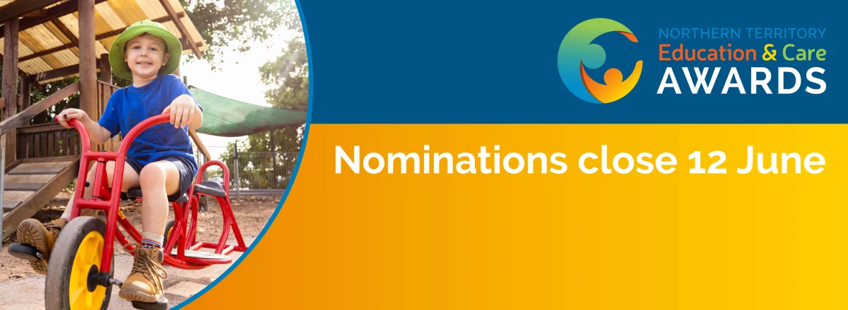 Child smiling outdoors with a flower behind their ear, alongside a graphic promoting the Northern Territory Education and Care Awards.