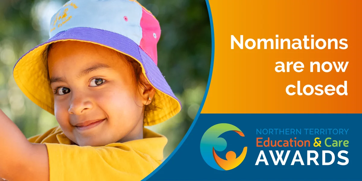 Child smiling outdoors, alongside a graphic promoting the Northern Territory Education and Care Awards.